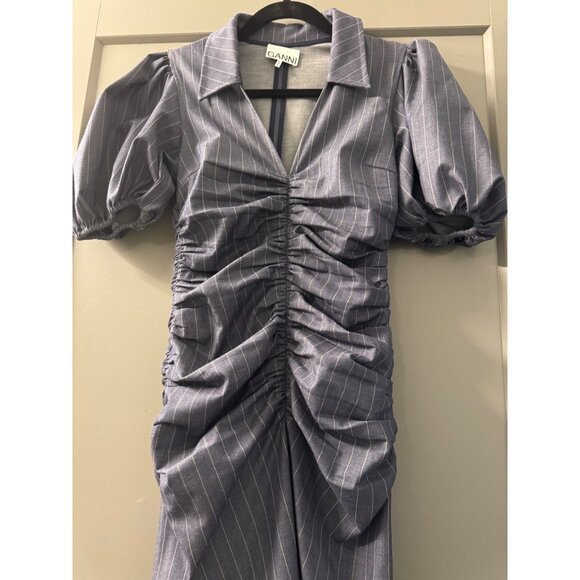 Ganni Navy Pinstripe Midi Dress With Ruched Waist & Puff Sleeves - Picture 2 of 10